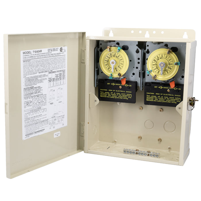 Intermatic T10404R dual mechanical timer control center shown with enclosure door open.
