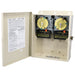 Intermatic T10404R dual mechanical timer control center shown with enclosure door open.