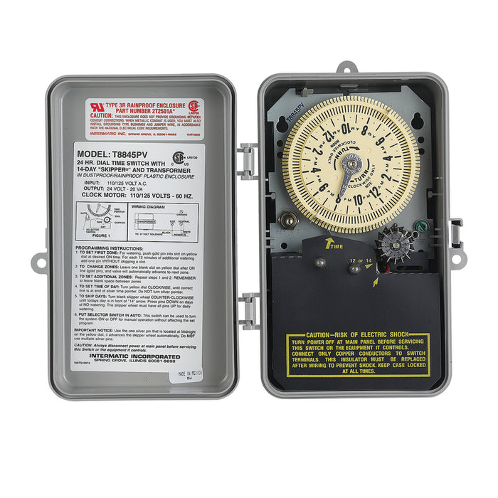 Intermatic T8845PV 24VAC mechanical irrigation timer with timing dial and programming controls.