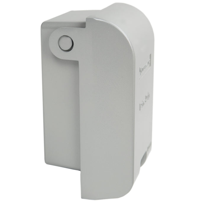 Intermatic WP1010MXD weatherproof receptacle cover shown from the side with gray die-cast housing.