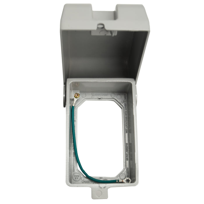 Intermatic WP1010MXD single-gang weatherproof cover shown open with receptacle insert visible.