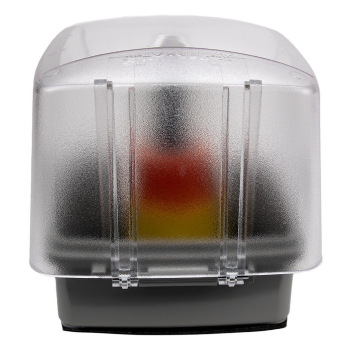 Intermatic WP5500C clear/gray weatherproof cover protecting connected outdoor receptacles.