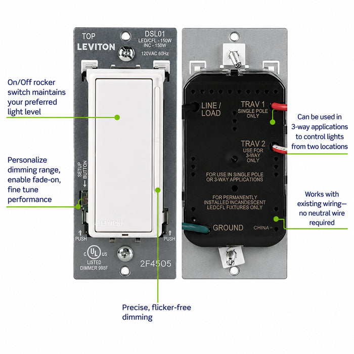 Leviton Leviton DSL01-1LW Decora Slide Dimmer Switch 300W LED/CFL 120V White 002-DSL01-1LW