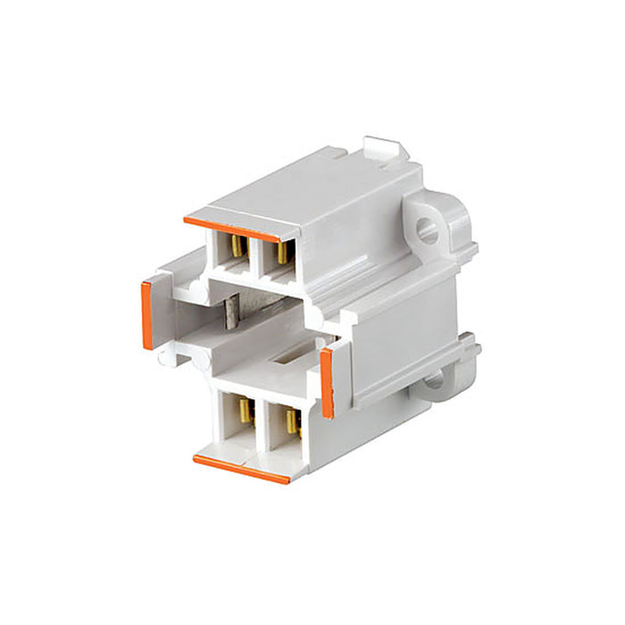 Leviton 26725-403 4-pin CFL lampholder with white thermoplastic housing and orange terminal accents.