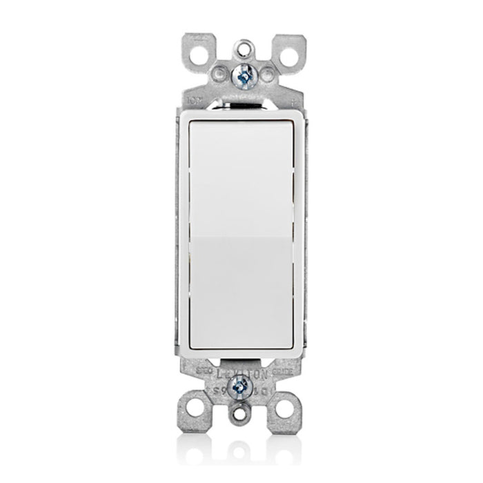 Leviton 5603-2W Decora white 3-way rocker switch, 15A 120/277V, front view.