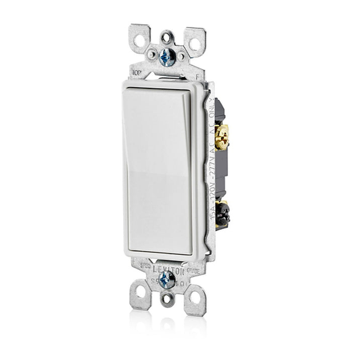 Leviton 5603-2W white Decora 3-way rocker switch angled side view showing mounting strap.