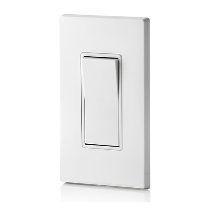 Leviton Decora white 3-way rocker switch shown in a finished wall installation.