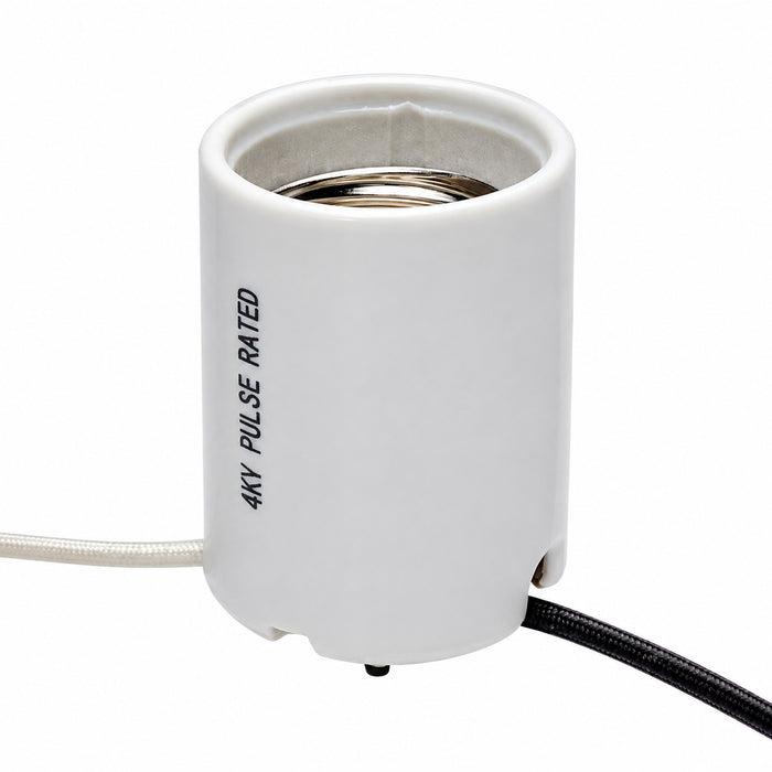 Leviton 8756-2 white mogul base porcelain HID lampholder with prewired leads, angled view.