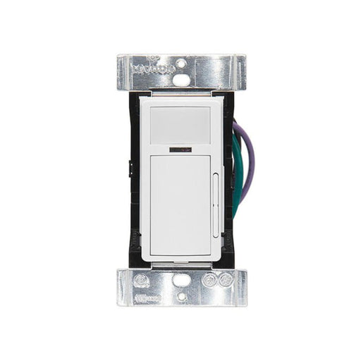 Leviton ODDMT-MDW wallbox occupancy sensor rear view showing mounting strap and device housing.