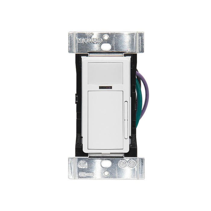 Leviton ODDMT-MDW wallbox occupancy sensor rear view showing mounting strap and device housing.