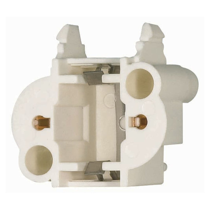 Satco 90-1543 GX23/GX23-2 horizontal snap-in lamp socket, front view showing white housing and lamp connection points.