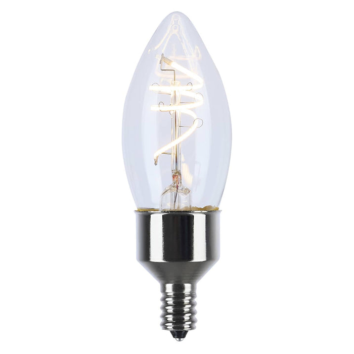 Satco S10523 B11 LED filament bulb showing clear glass, spiral filament design, and E12 screw base.