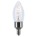 Satco S10523 B11 LED filament bulb showing clear glass, spiral filament design, and E12 screw base.