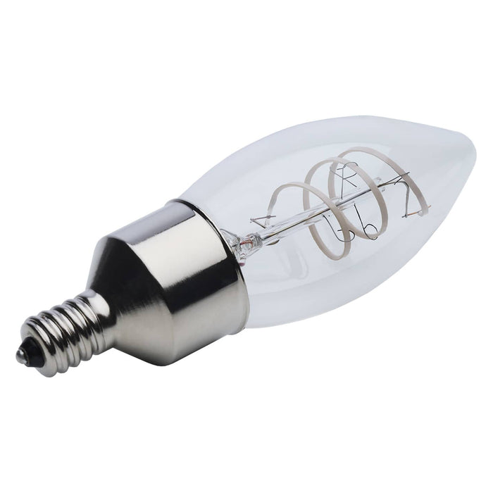 Satco S10523 clear B11 LED filament bulb shown at an angled view with E12 candelabra base.