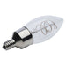 Satco S10523 clear B11 LED filament bulb shown at an angled view with E12 candelabra base.