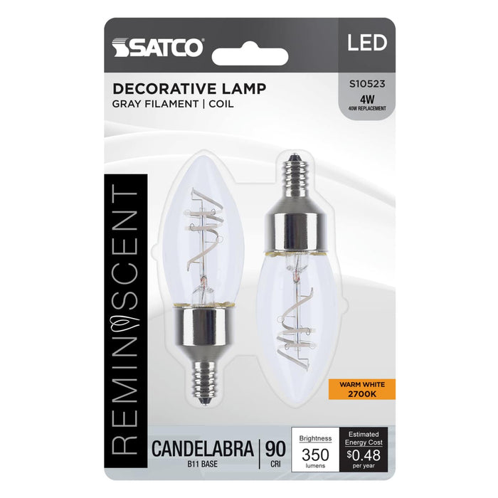 Satco S10523 B11 LED filament bulb 2-pack retail packaging, 4W, 350 lumens, 2700K.
