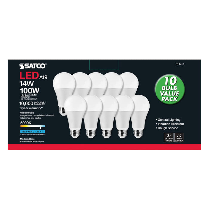 SATCO S11419 10-pack A19 LED bulbs in retail packaging, front view.