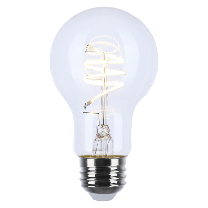 Satco S11521 A19 LED filament bulb showing clear glass, spiral filament design, and E26 screw base.