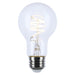 Satco S11521 A19 LED filament bulb showing clear glass, spiral filament design, and E26 screw base.