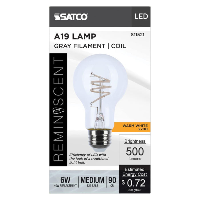 Satco S11521 A19 LED filament bulb retail packaging showing 6W, 500-lumen decorative lamp.
