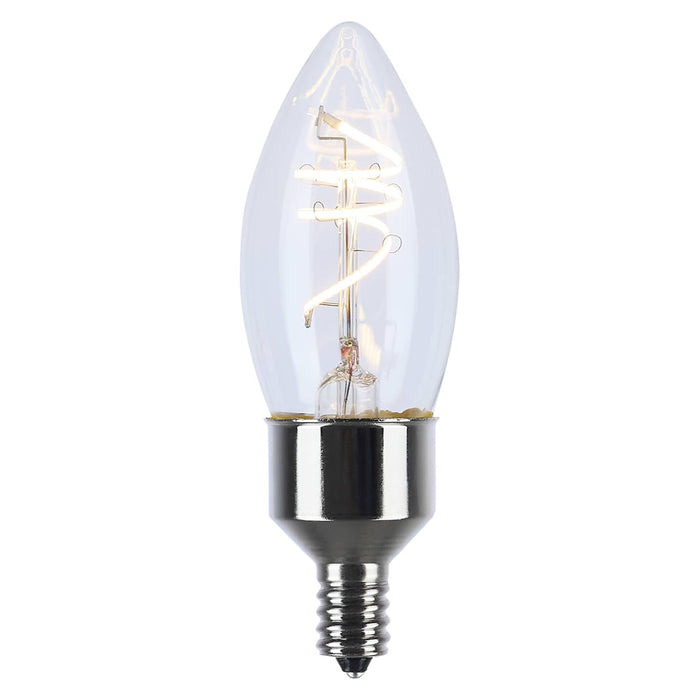 Satco S11525 decorative B11 LED filament bulb showing clear glass, spiral filament design, and E12 base.
