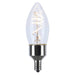 Satco S11525 decorative B11 LED filament bulb showing clear glass, spiral filament design, and E12 base.