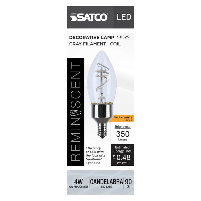 Satco S11525 B11 LED filament bulb retail packaging showing 4W decorative lamp specifications.