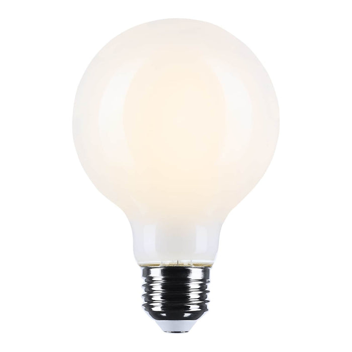Satco S12483 G25 LED globe bulb illuminated with soft neutral white light.