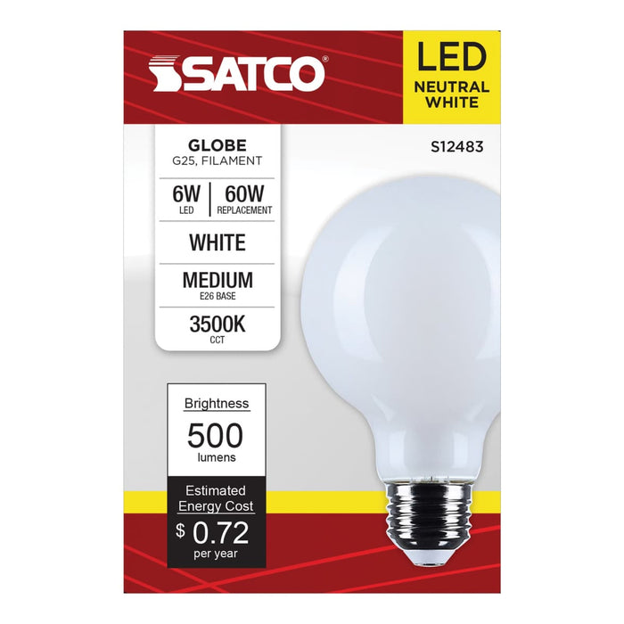 Satco S12483 6W G25 LED globe bulb shown with retail packaging.