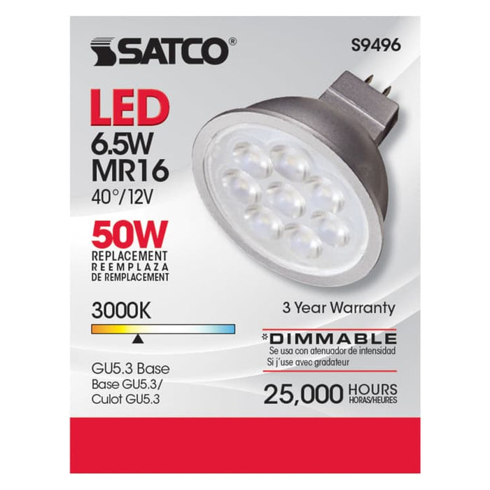 Satco S9496 MR16 LED bulb retail packaging showing 6.5W, 3000K, GU5.3 base, and 12V operation.