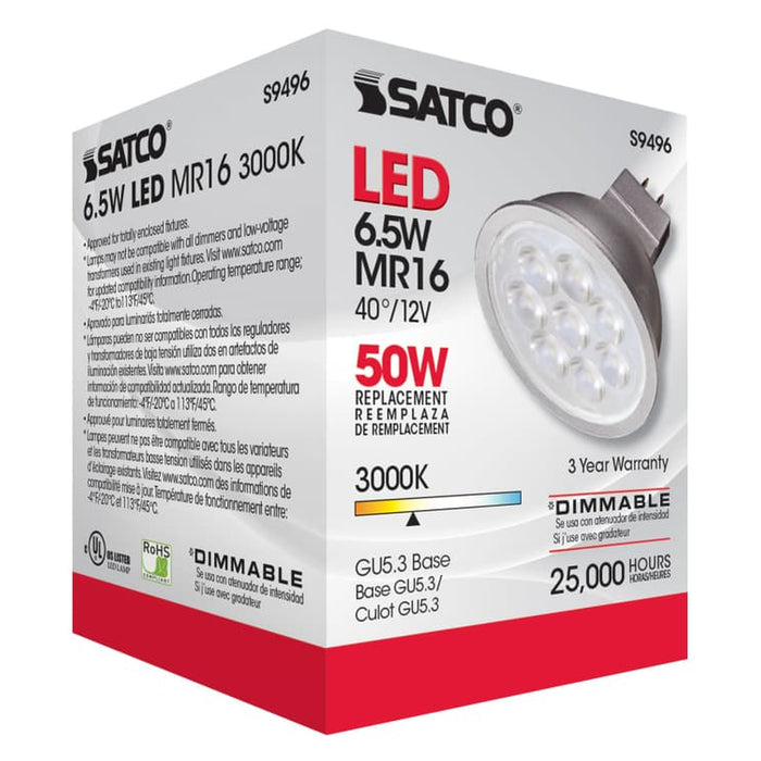 Satco S9496 MR16 LED bulb retail box showing product specifications and directional lighting design.