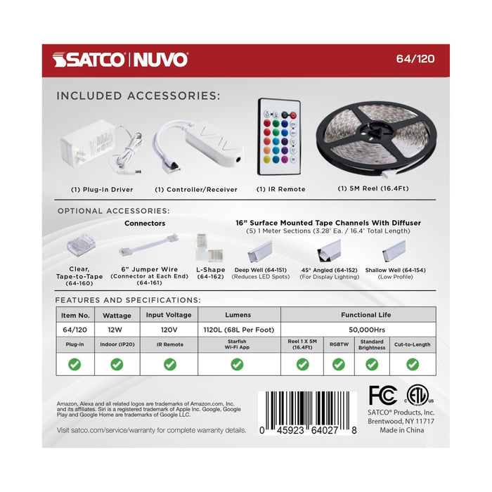 SATCO / NUVO SATCO NUVO 64-120 16-Ft Dimension Plus Smart LED Tape Light RGB + Tunable White 64-120