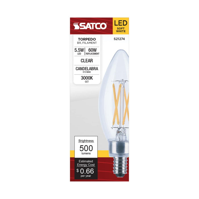 SATCO SATCO S21274 B11 5.5W LED Filament Bulb 3000K E12 500 Lumens Clear S21274