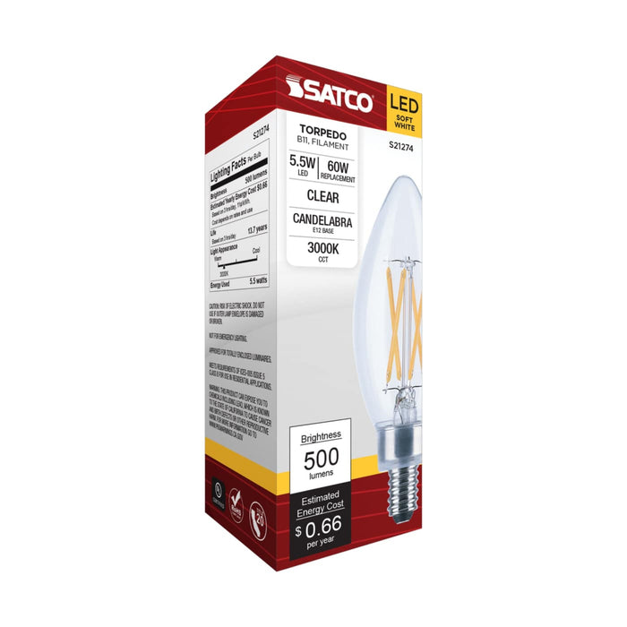 SATCO SATCO S21274 B11 5.5W LED Filament Bulb 3000K E12 500 Lumens Clear S21274
