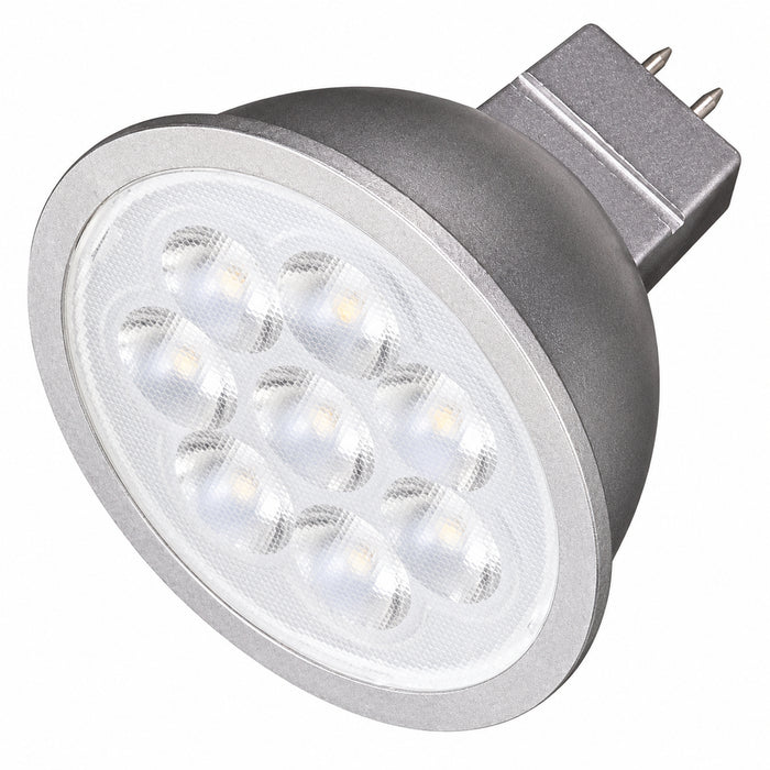 Satco S9496 MR16 LED bulb angled view with silver housing, LED optics, and GU5.3 base.
