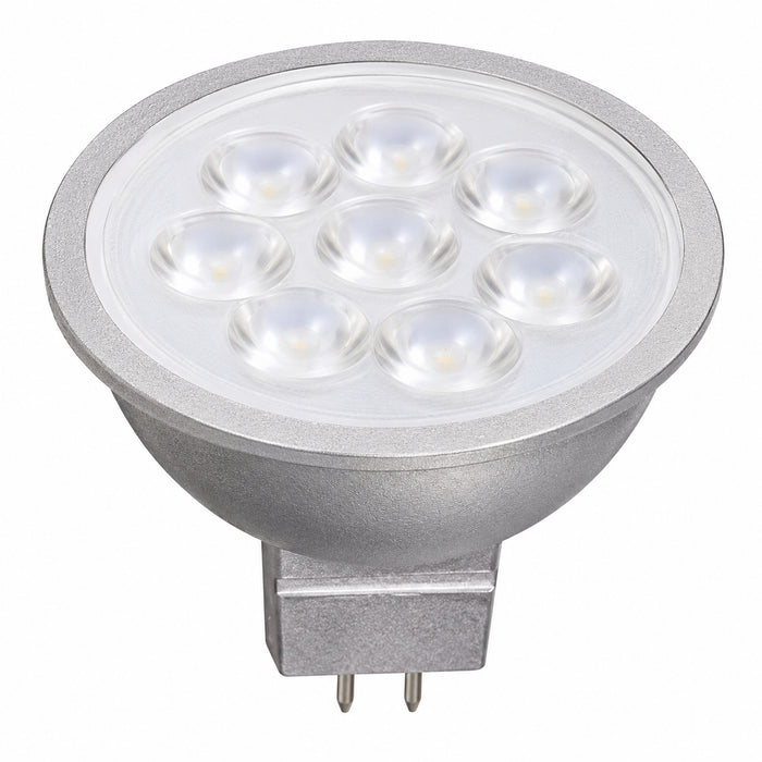 Satco S9496 MR16 LED bulb front view showing multiple LED optics and GU5.3 bi-pin base.