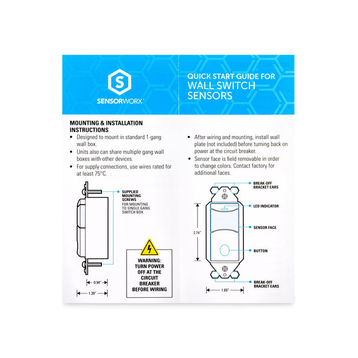 SENSORWORX SENSORWORX SWX - 101 - WH Wall Switch Sensor PIR Auto On Line Voltage White SWX-101-WH