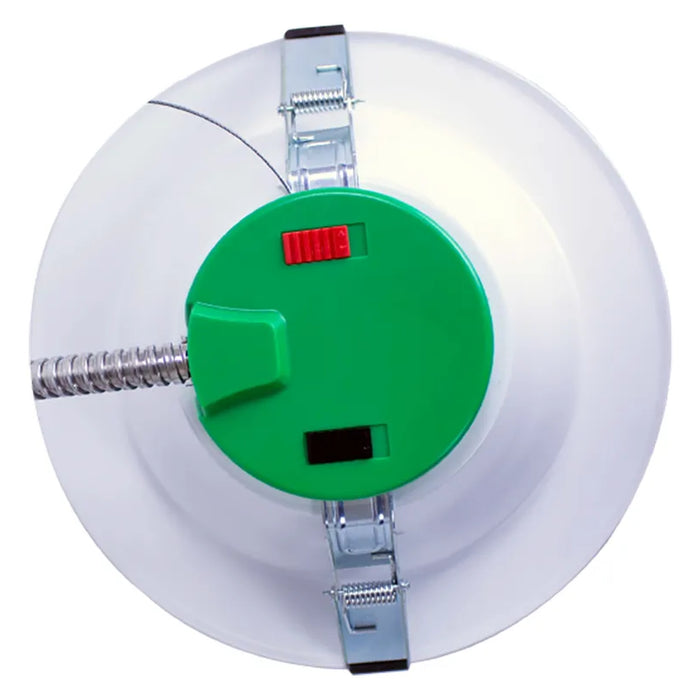 Westgate CRLE6 LED downlight rear view showing the green housing and electrical connection components.