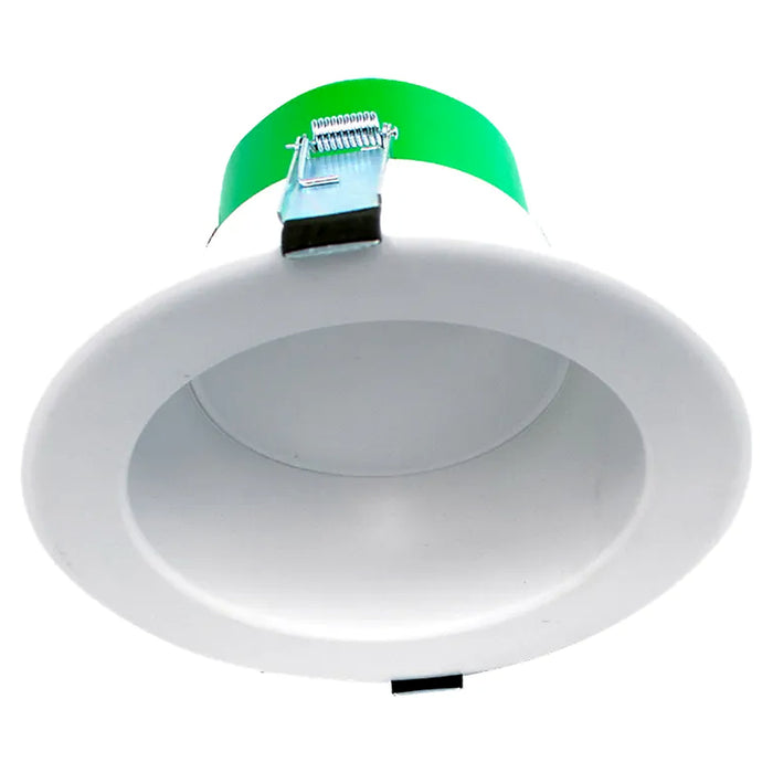 Westgate CRLE6 6-inch white recessed LED downlight shown from an angled view with green housing and smooth trim.