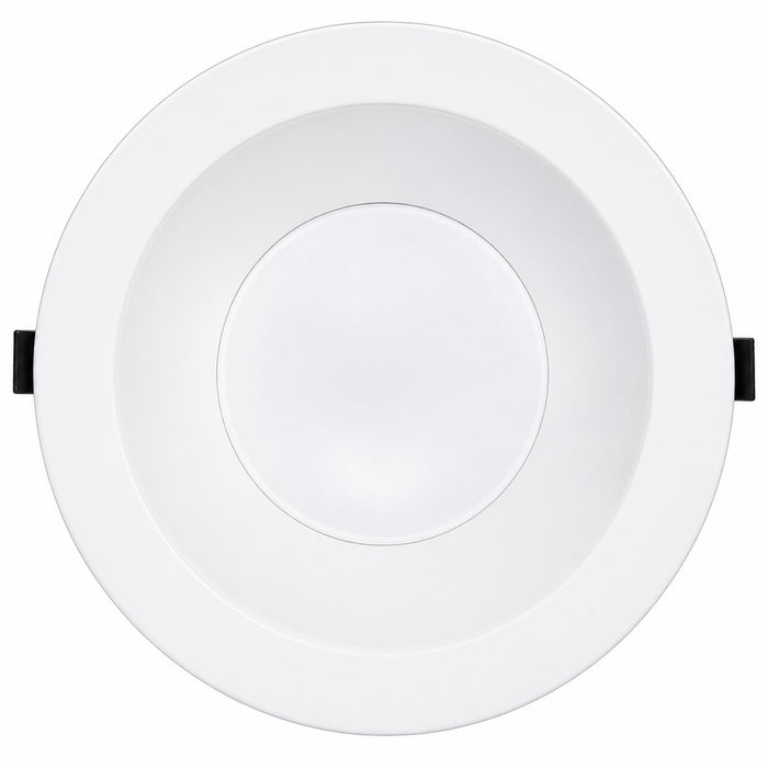 Westgate CRLE6 6-inch LED downlight shown from the side with white trim, green housing, and mounting clips.